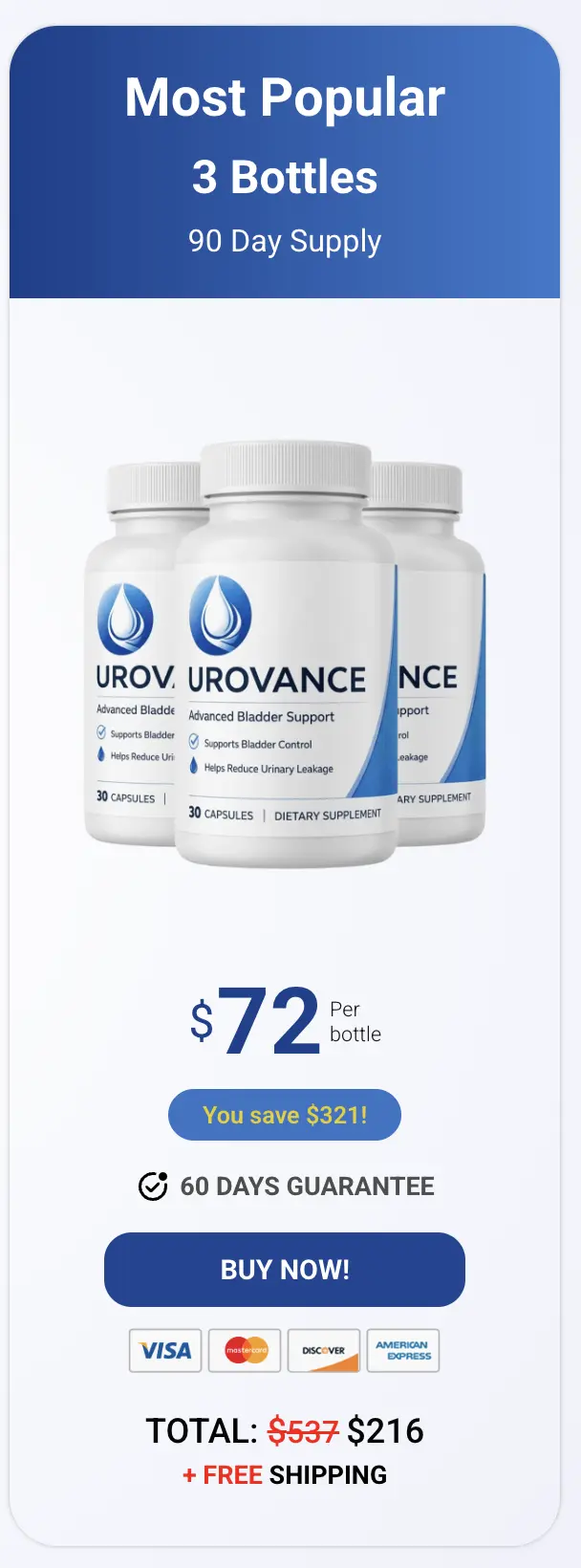 Urovance 3 bottle most-popular pack - 90 day supply with free US shipping