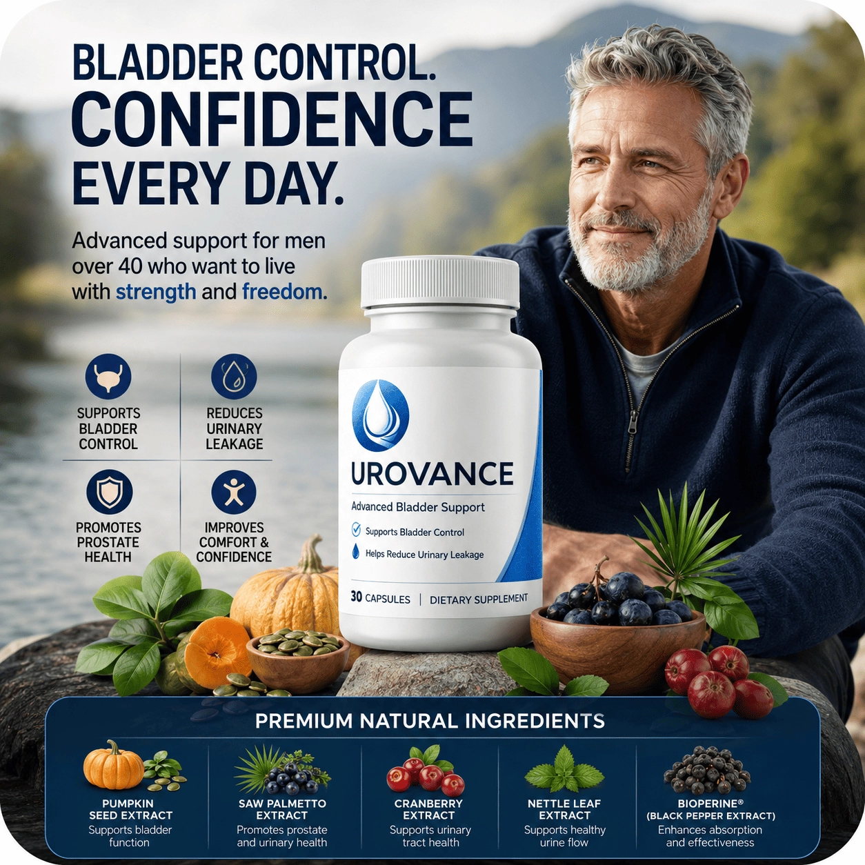Urovance supplement label with natural botanicals for men's urinary wellness